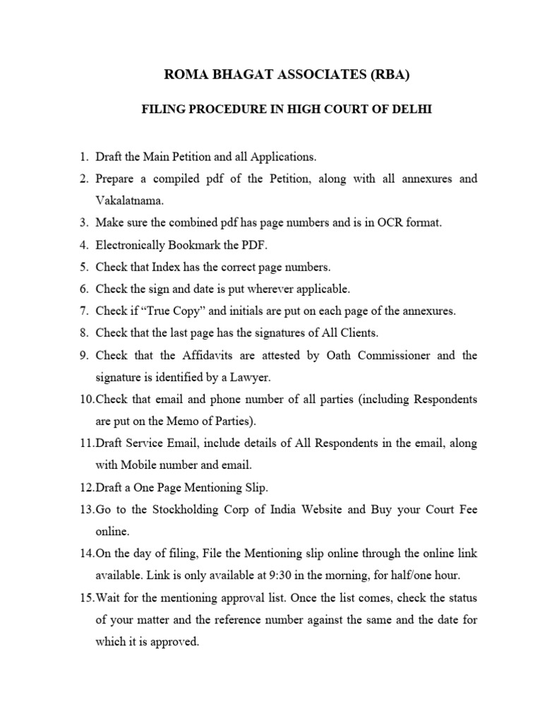 Delhi High Court Filing Procedure Guide | PDF | Law