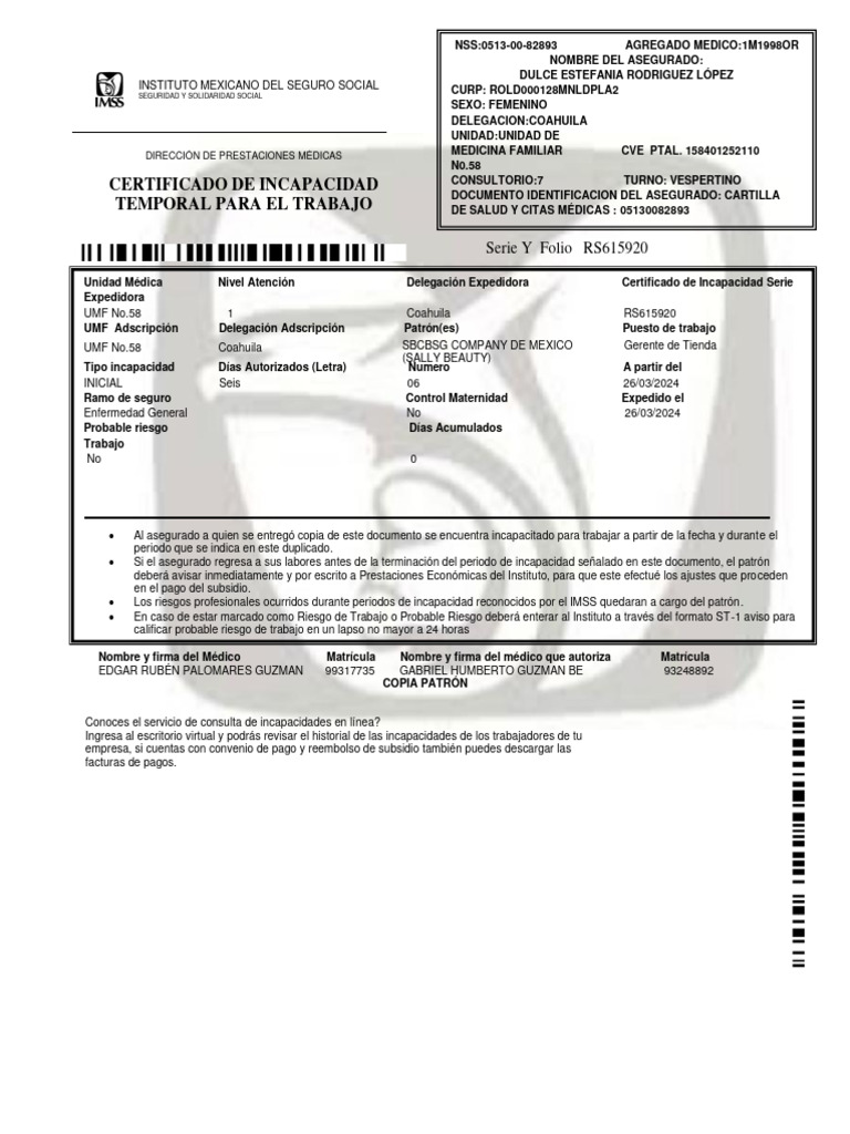 Certificado de Incapacidad Temporal | PDF | Medicina | Cuidado de la salud