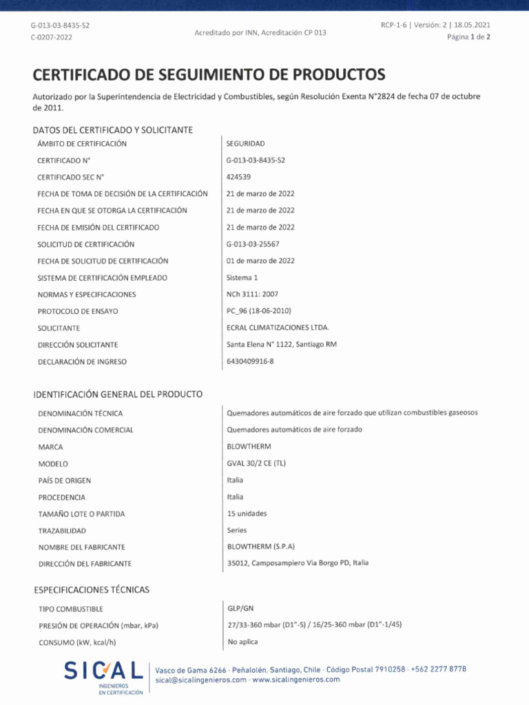 Certificado GVAL 30-2 CE TL, G-013-03-8435-S2, (21-03-2022) OSE-C-0207 ...