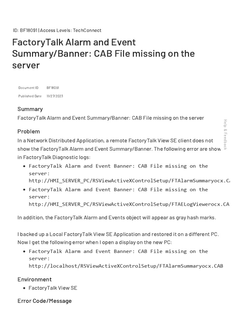 FactoryTalk Alarm and Event Summary - Banner - CAB File Missing On The ...