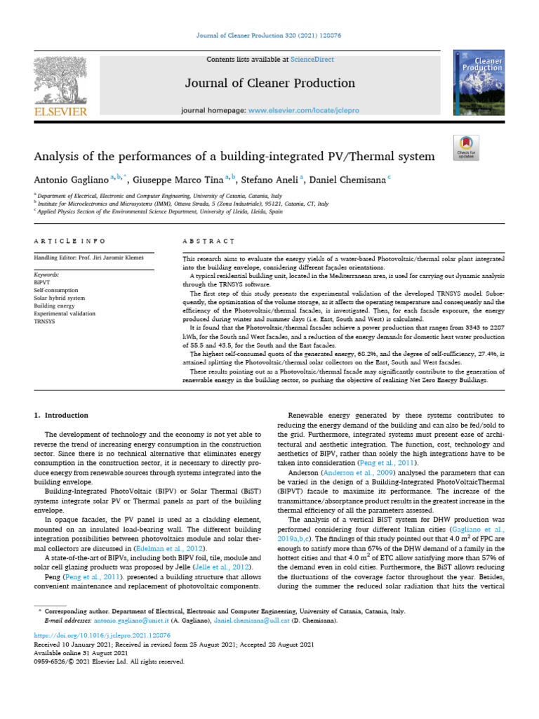 Analysis of The Performances of A Building-Integrated PV - Thermal ...