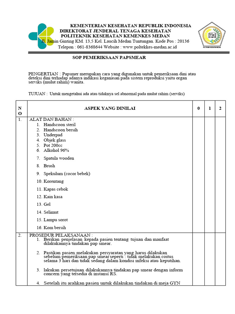 SOP Pemeriksaan Pap Smear Kemenkes Medan | PDF