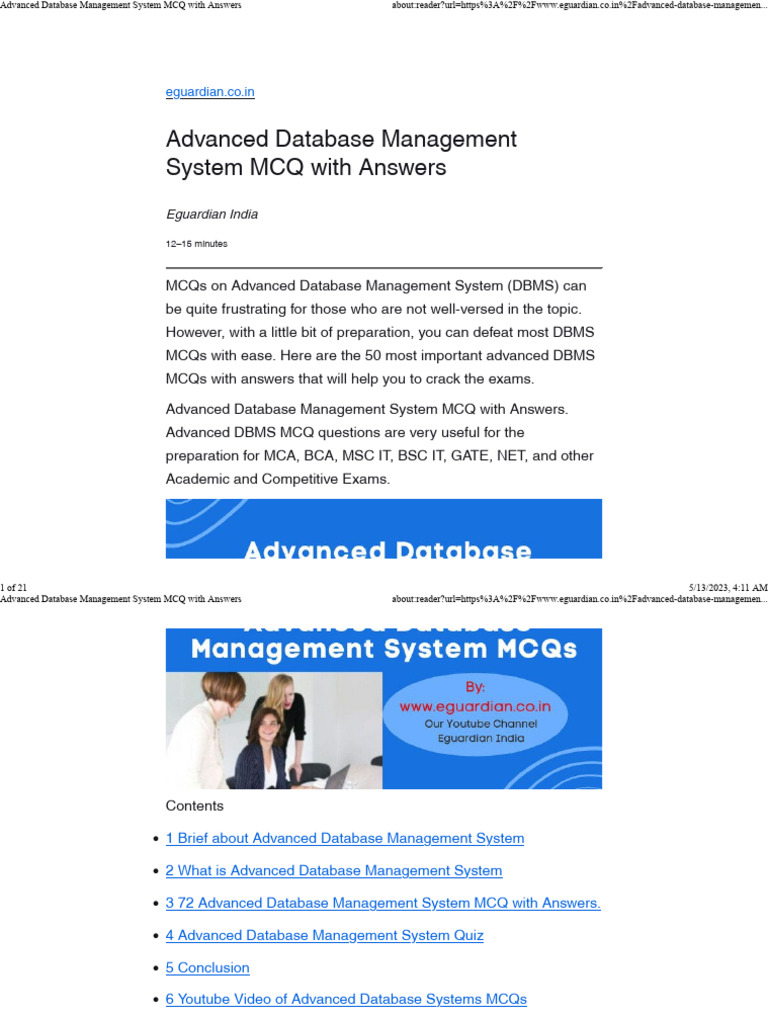 Advanced DBMS MCQs for Exam Prep | PDF | Databases | Relational Model