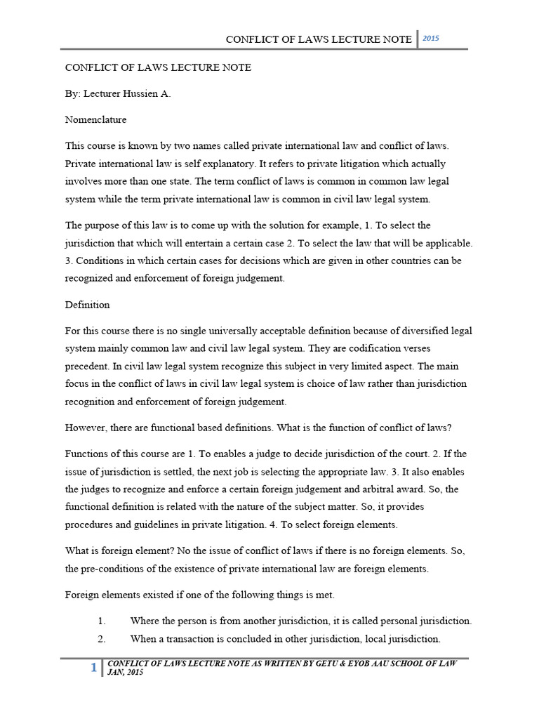 Conflict of Laws Lecture Notes 2015 | PDF | Jurisdiction | Minimum Contacts