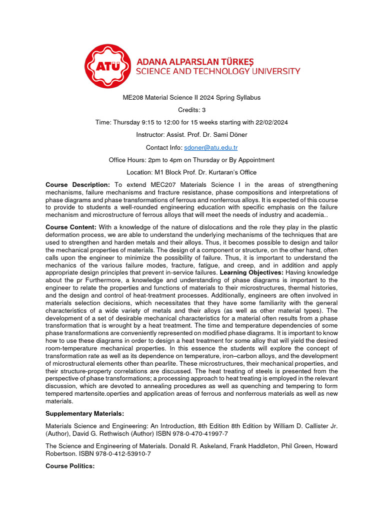 ME208 Material Science II Syllabus 2024 | PDF | Heat Treating | Alloy