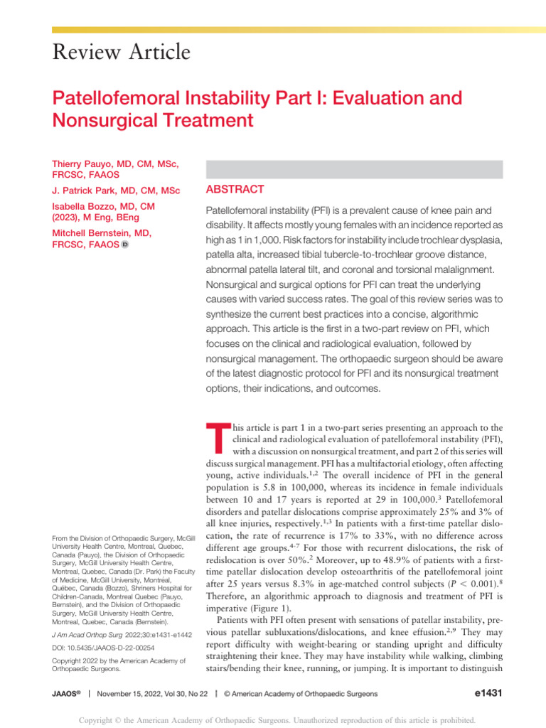 Patellofemoral Instability Part I Evaluation And 8 Download Free Pdf