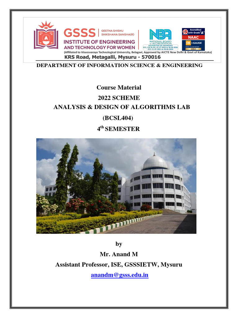 VTU 4th Sem ADA Lab Manual 2022 | PDF | Engineering | Science