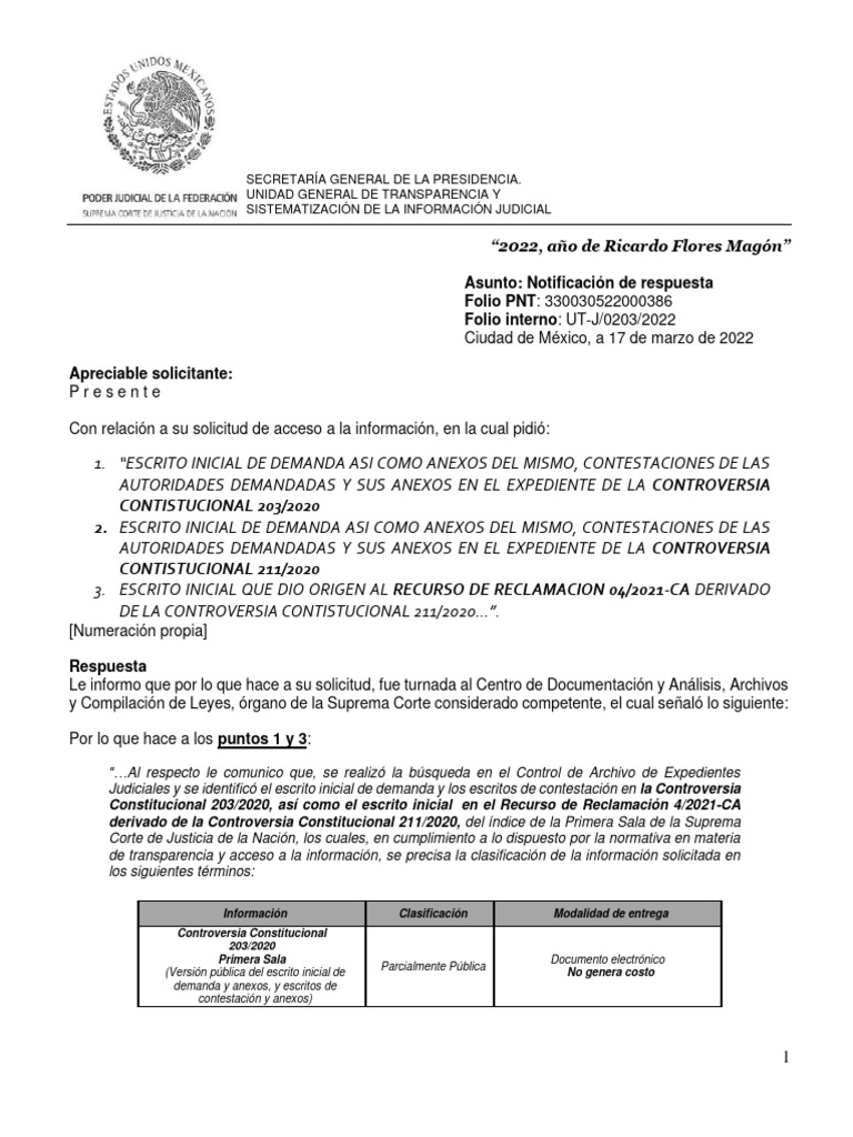 J 0203 2022 Notificacion Respuesta | PDF | Gobierno | Justicia