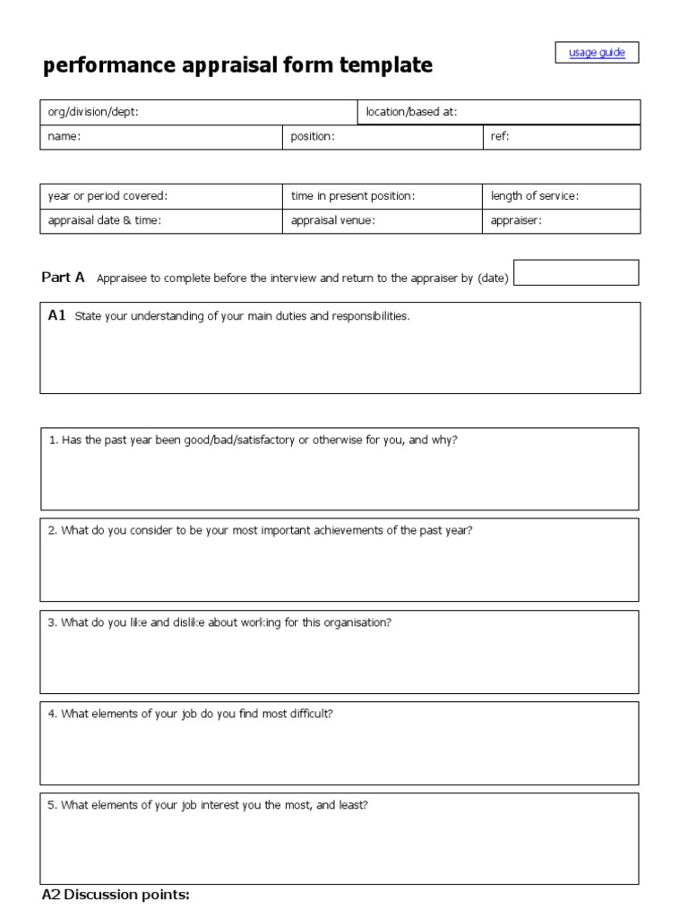 Performance Appraisal Form Template: Part A A1 | PDF