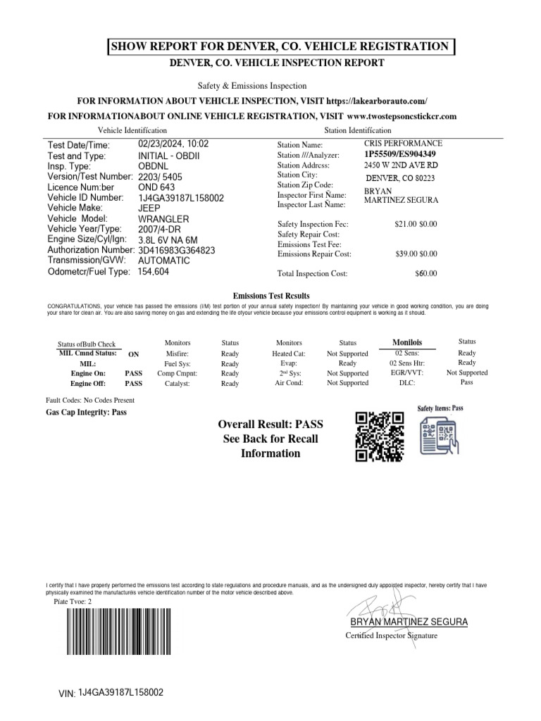 Denver Vehicle Inspection Report | PDF | National Highway Traffic ...