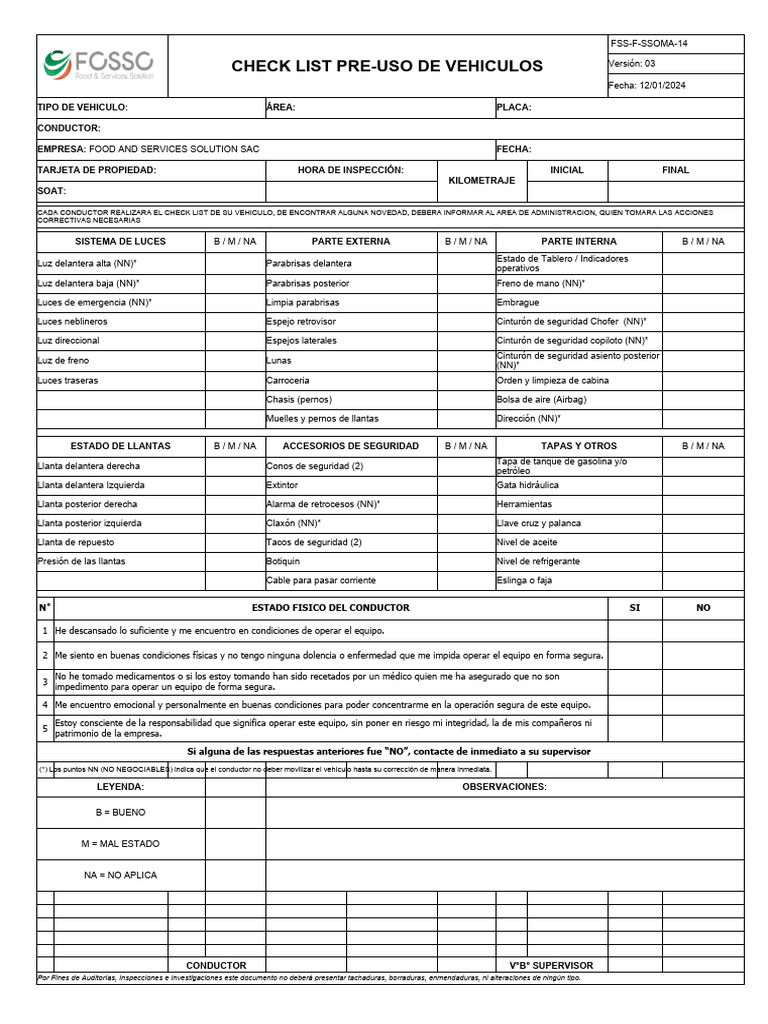 Check List Pre-uso de Vehículos | PDF | Vehículo de motor | Vehículos