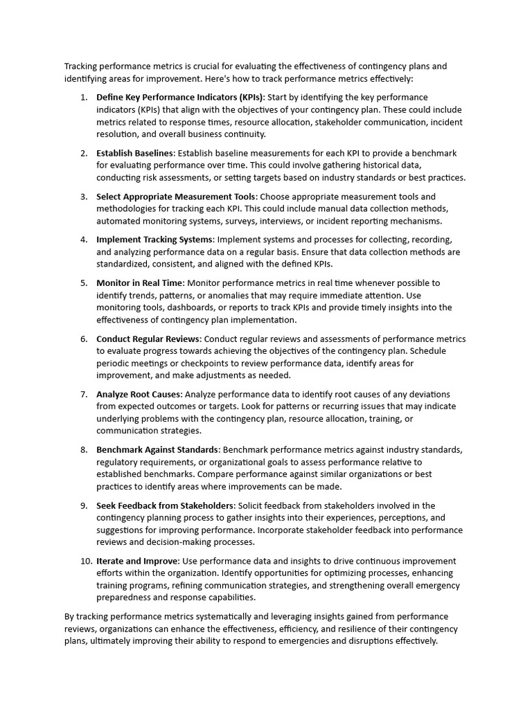 Effective Contingency Plan Metrics Tracking | PDF | Performance ...
