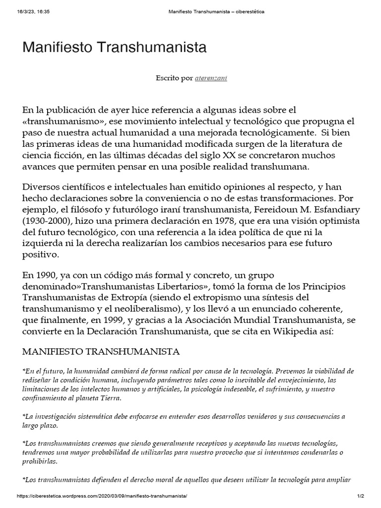 Manifiesto del Transhumanismo y Ciberestética | PDF | Transhumanismo ...