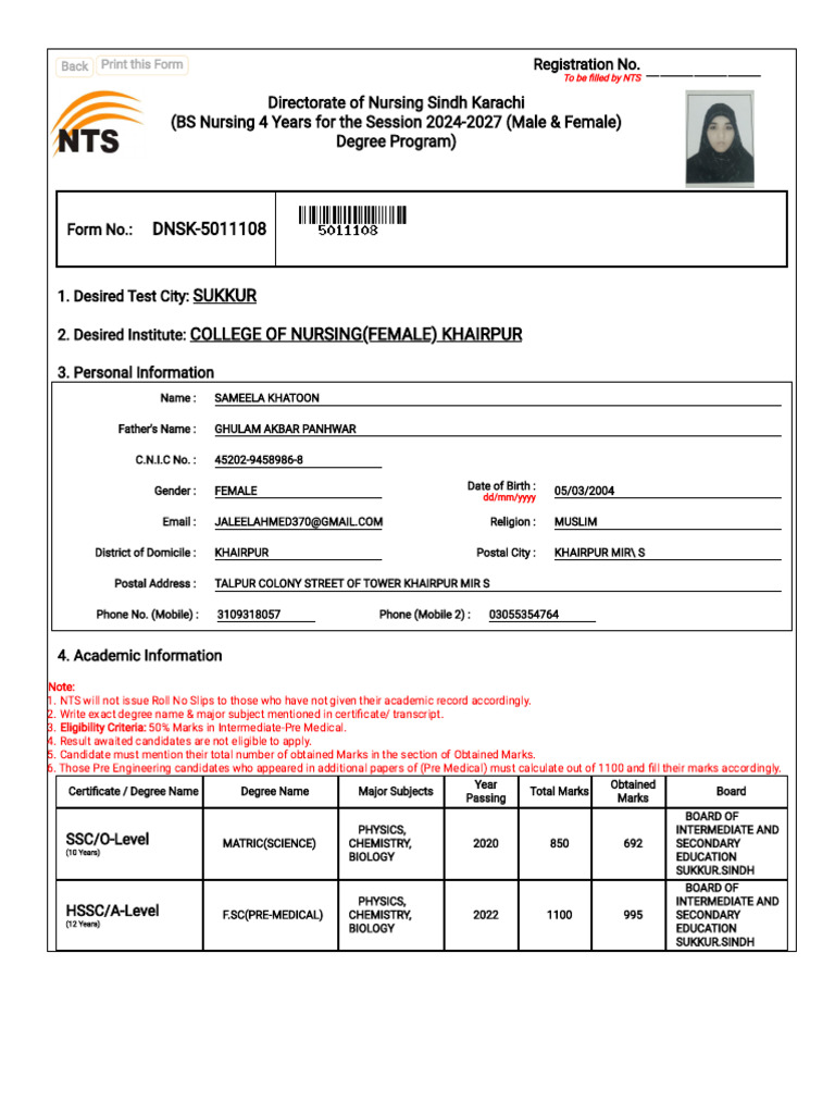 NTS Nursing Admission 2024-2027 Details | PDF | Fee