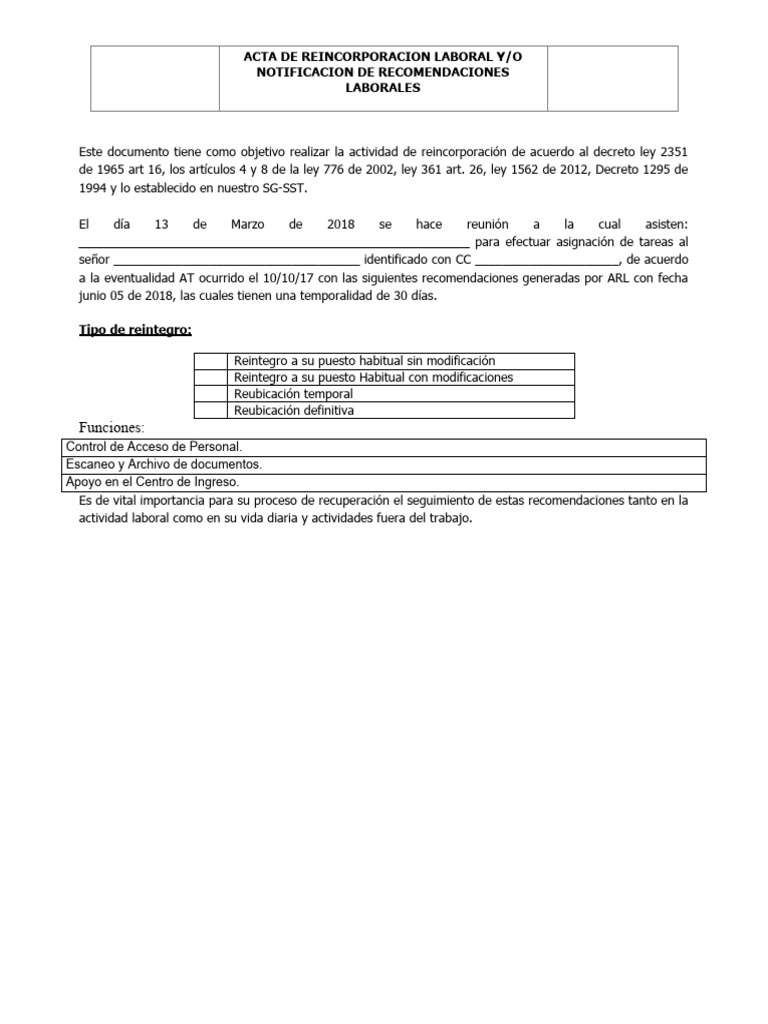 Acta de Reincorporacion Laboral | PDF