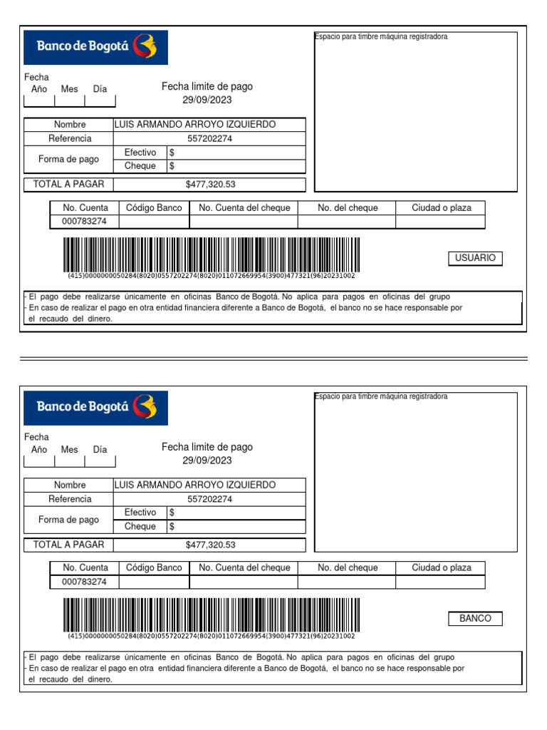 Instrucciones de Pago Banco de Bogotá | PDF | Bancos | Cheque