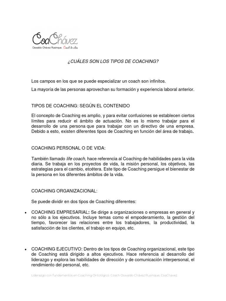 Cuáles Son Los Tipos De Coaching Pdf Psicoterapia Sicología