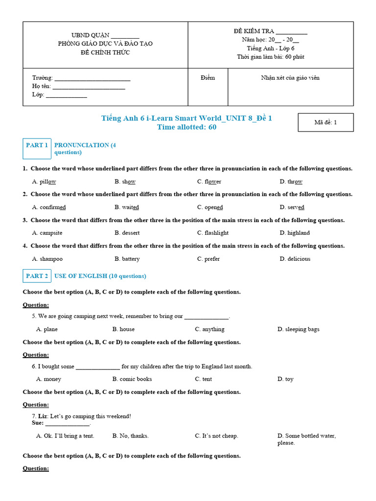 Tiếng Anh 6 i-Learn Smart World - UNIT 8 - Đề 1 - 1 | PDF | Language ...