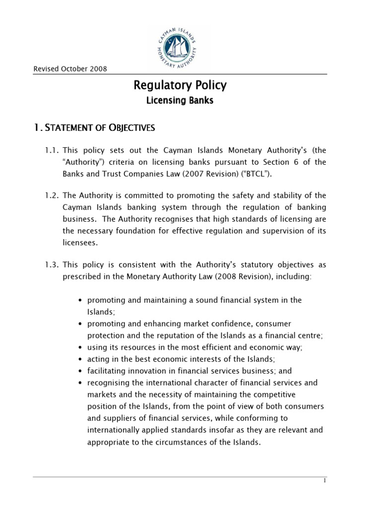 Cayman Islands Bank Licensing Policy | PDF | Internal Control | Banks