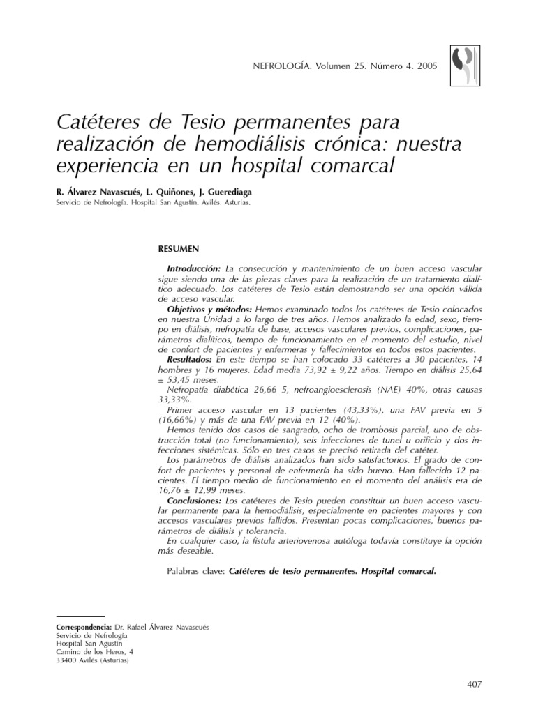 Catéteres de Tesio en Hemodiálisis Crónica | PDF | Hemodiálisis ...