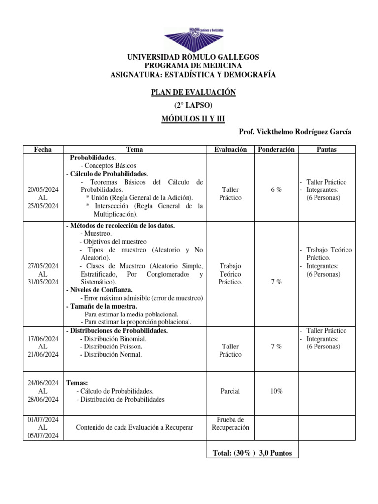 Plan de Evaluacion 2° Lapso (Estadistica y Demografia) | PDF | Muestreo ...