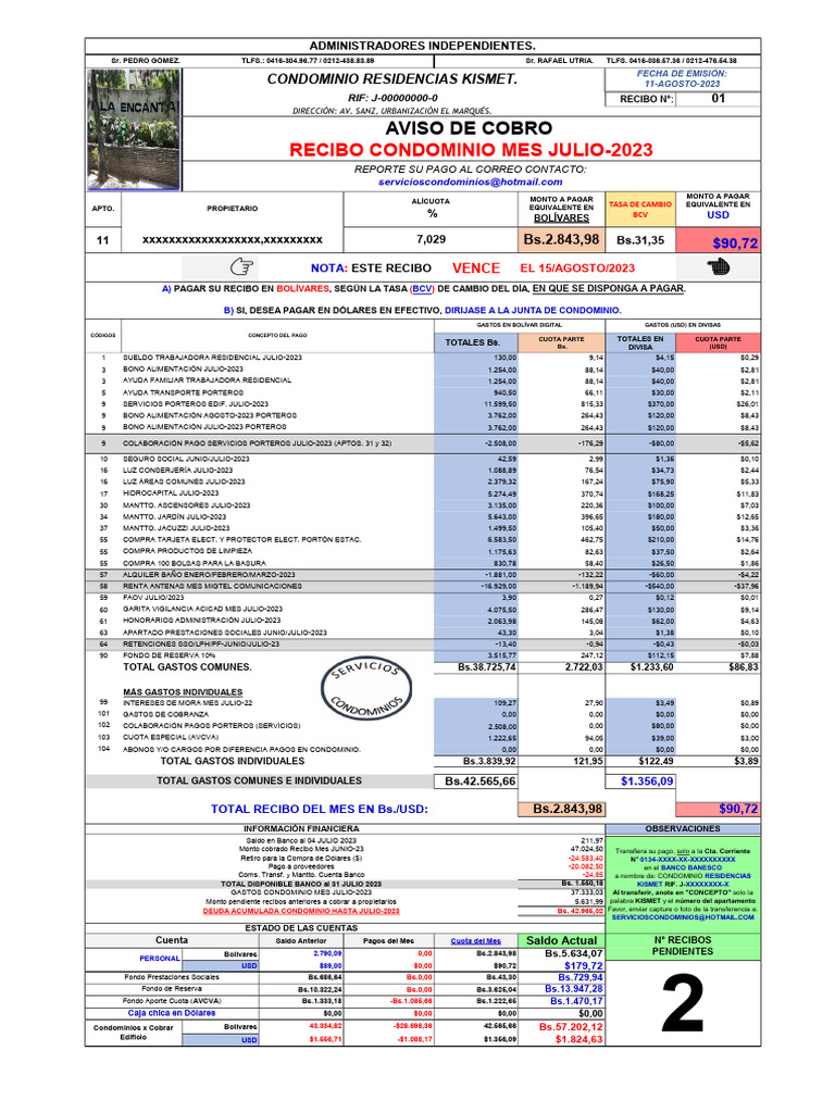 Modelo Recibo de Condominio Julio2023 Res. Kismet. Descargar gratis