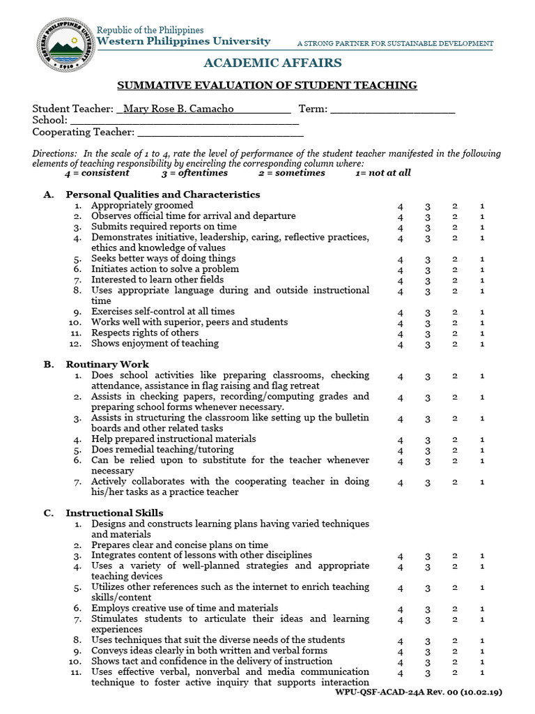 Student Teacher Evaluation Form | PDF | Teachers | Learning