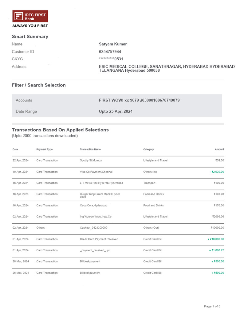 Transaction Summary for Satyam Kumar | PDF | Credit Card | Banks