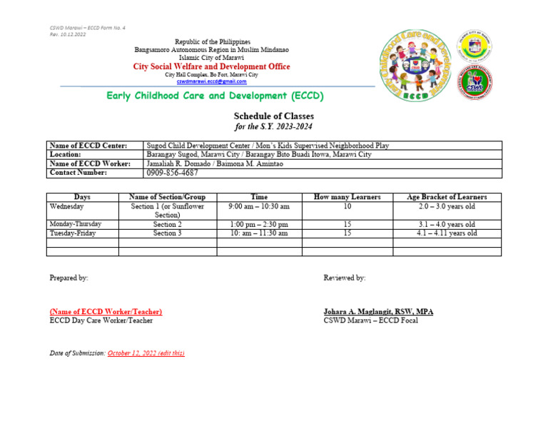 ECCD Schedule for S.Y. 2023-2024 | PDF