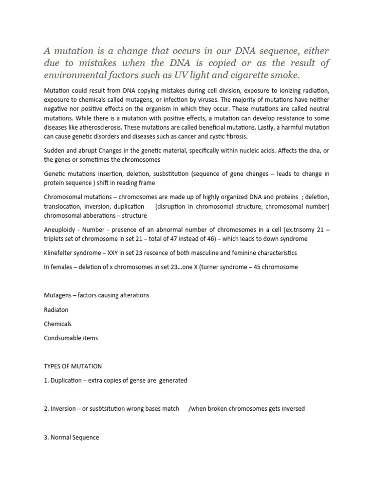 Notes On Mutation | Download Free PDF | Mutation | Genetic Disorder