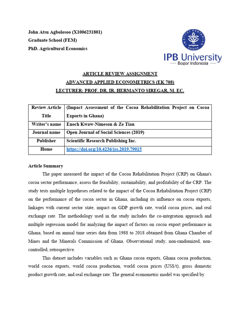 Impact Assessment of The Cocoa Rehabilitation Project On Cocoa Exports in Ghana PDF