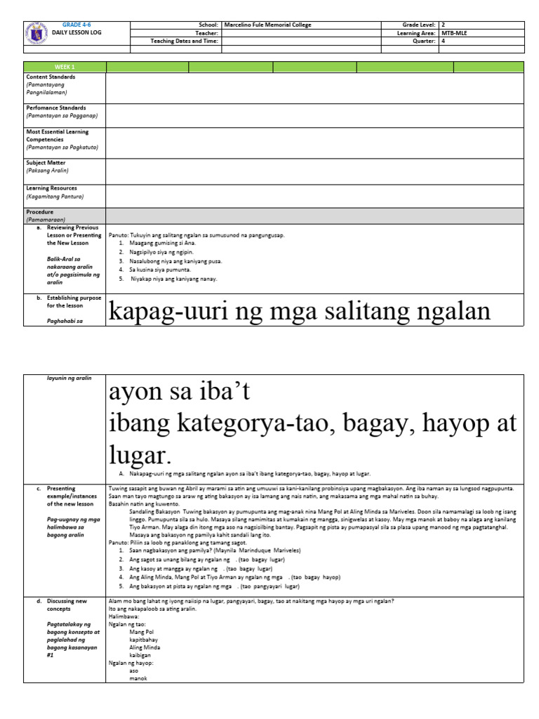 Lesson Plan In Mtb Template Pdf