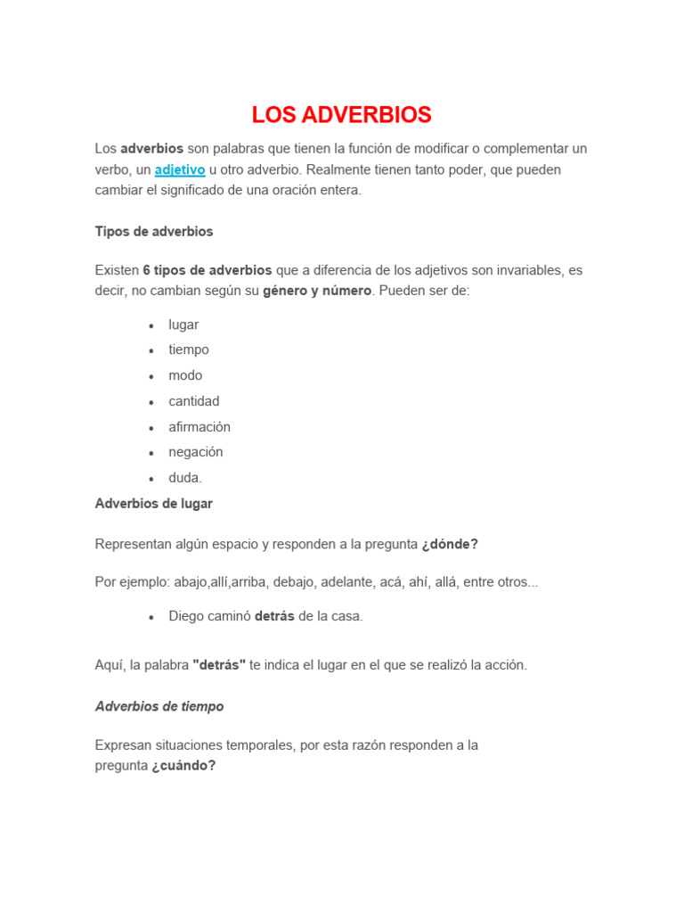 Tipos y ejemplos de adverbios | PDF | Adverbio | Sintaxis