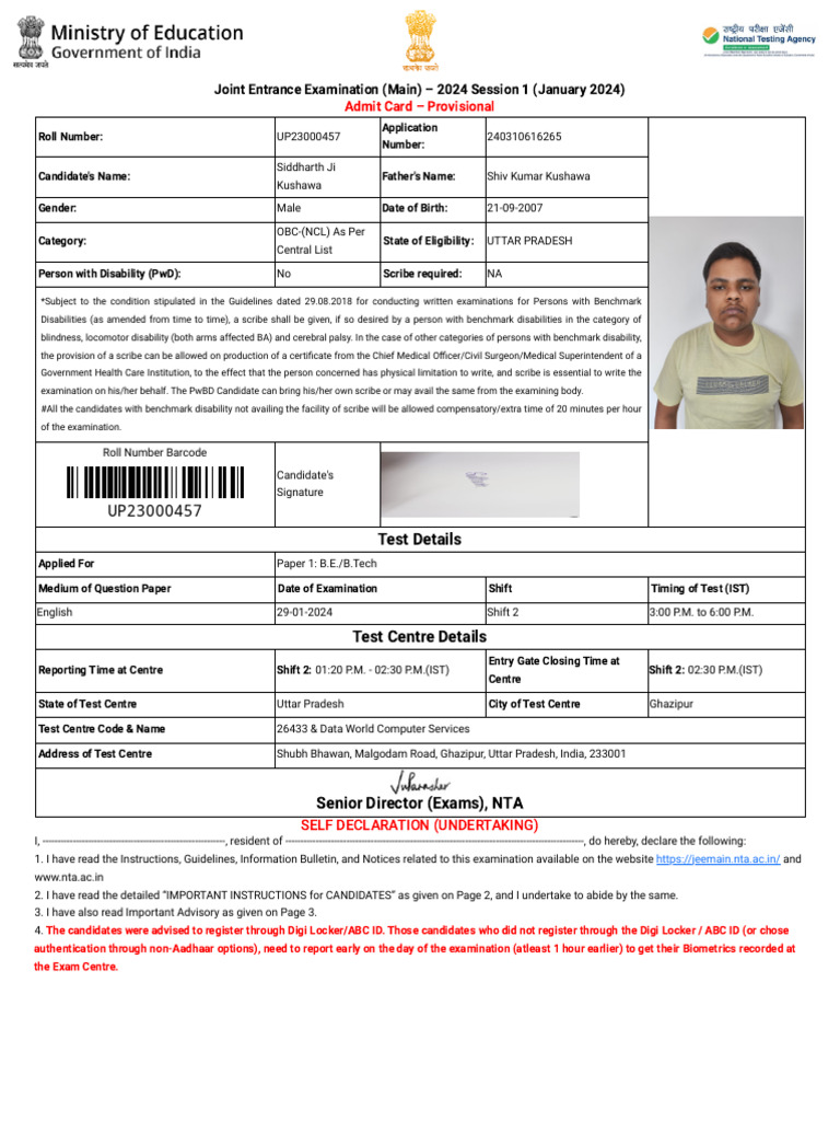 JEE Main 2024: Admit Card Guide | PDF | Identity Document