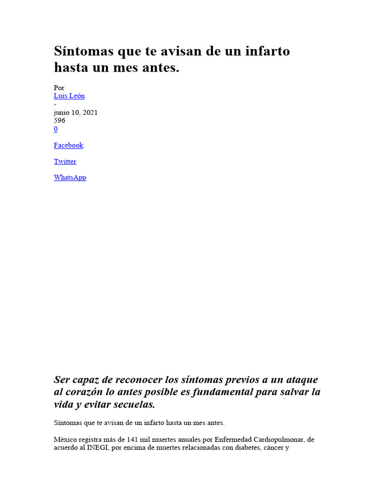 Síntomas Que Te Avisan de Un Infarto Hasta Un Mes Antes | PDF | Infarto ...