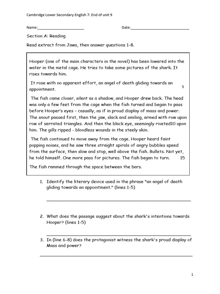 Cambridge Lower Secondary English 7 Unit 9 Test | PDF | Fish