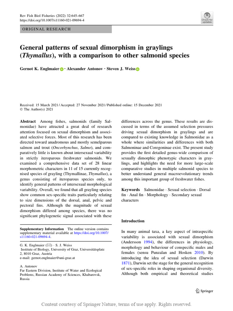 General Patterns of Sexual Dimorphism in Graylings | PDF | Analysis Of ...