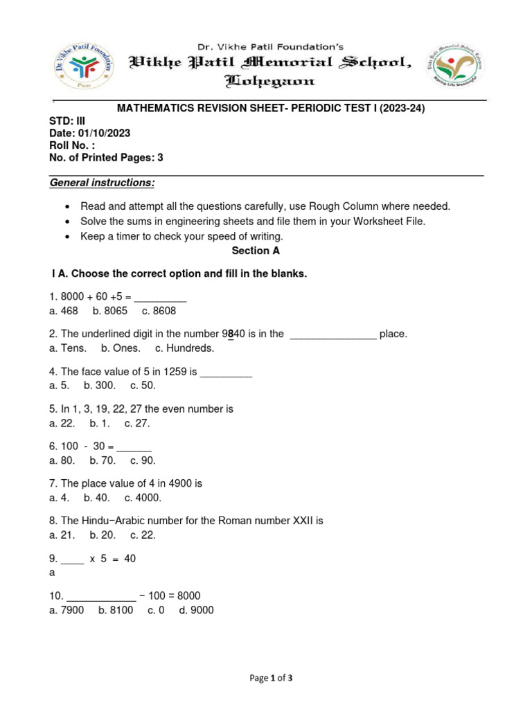 Std iii math revision sheet periodic test 1 download free pdf
