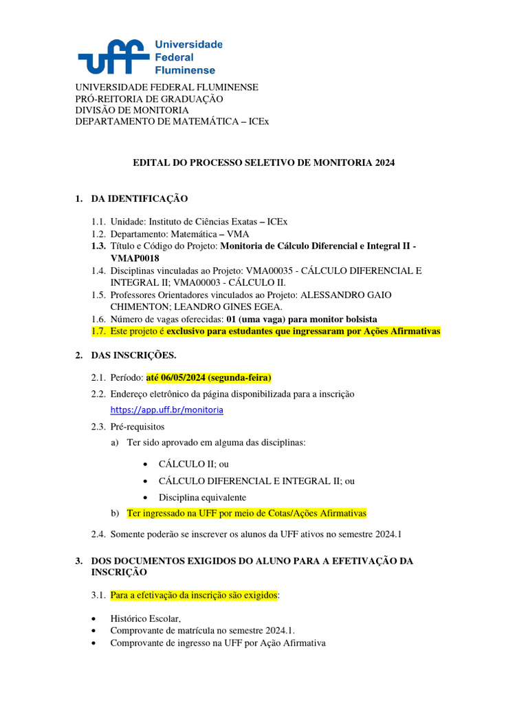 Edital Monitoria Cálculo II UFF 2024 | PDF