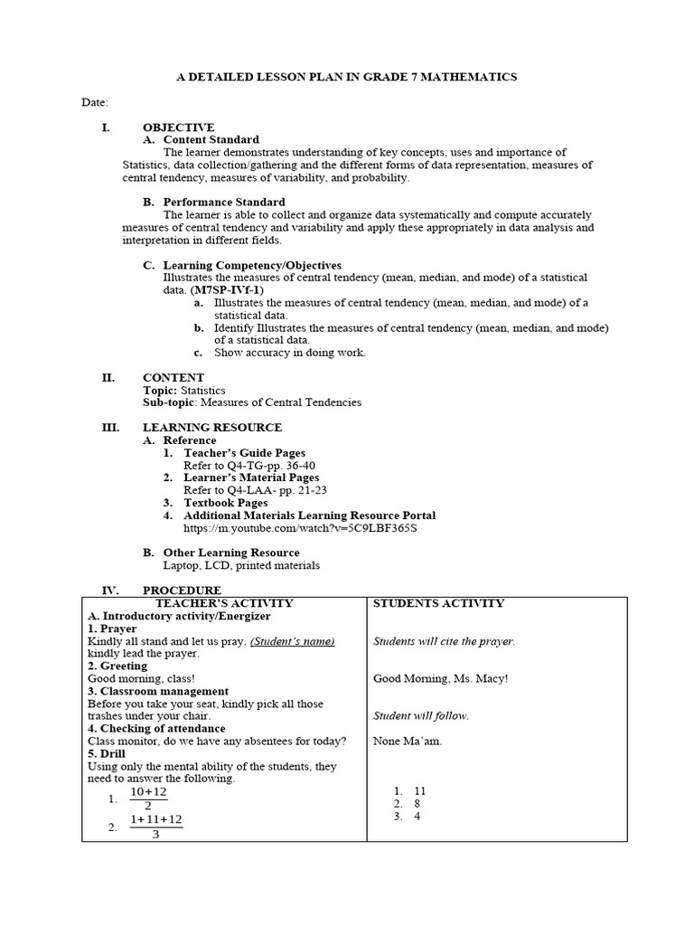 A Detailed Lesson Plan in Grade 7 Mathem | PDF | Statistics | Learning