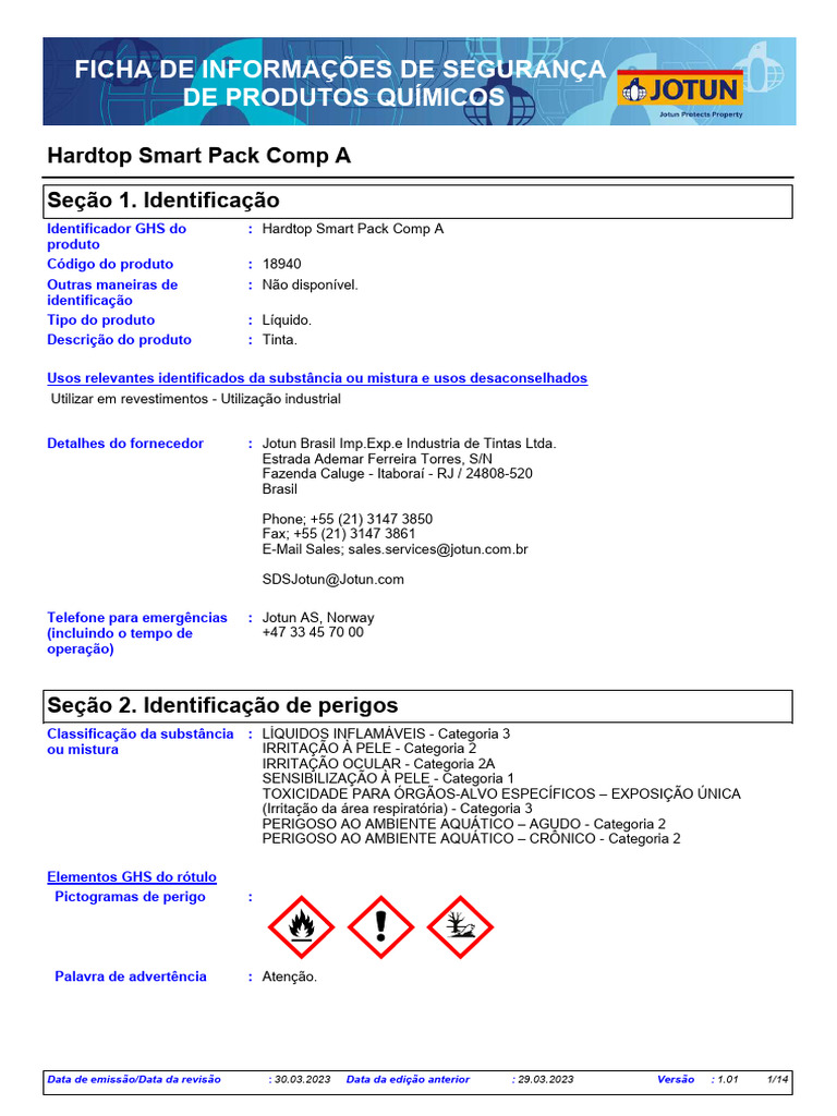 Ficha de Segurança: Hardtop Smart Pack Comp A | PDF | Solubilidade ...