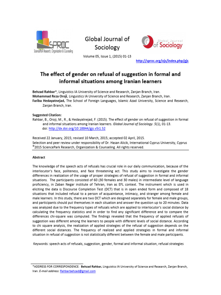 The Effect of Gender On Refusal of Suggestion in F | PDF | Human ...