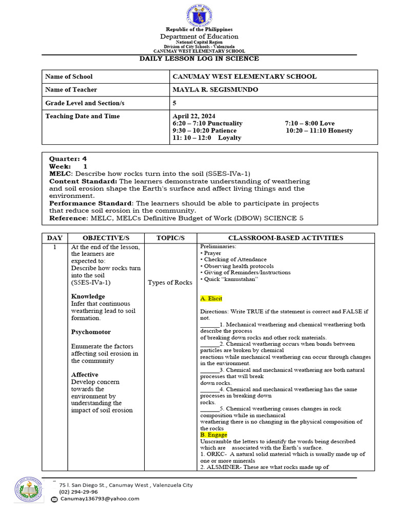 Daily Science Lesson Plan for Grade 5 | PDF | Soil | Weathering