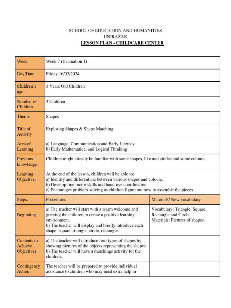 Lesson plan taska evaluation 1 shapes pdf shape teachers