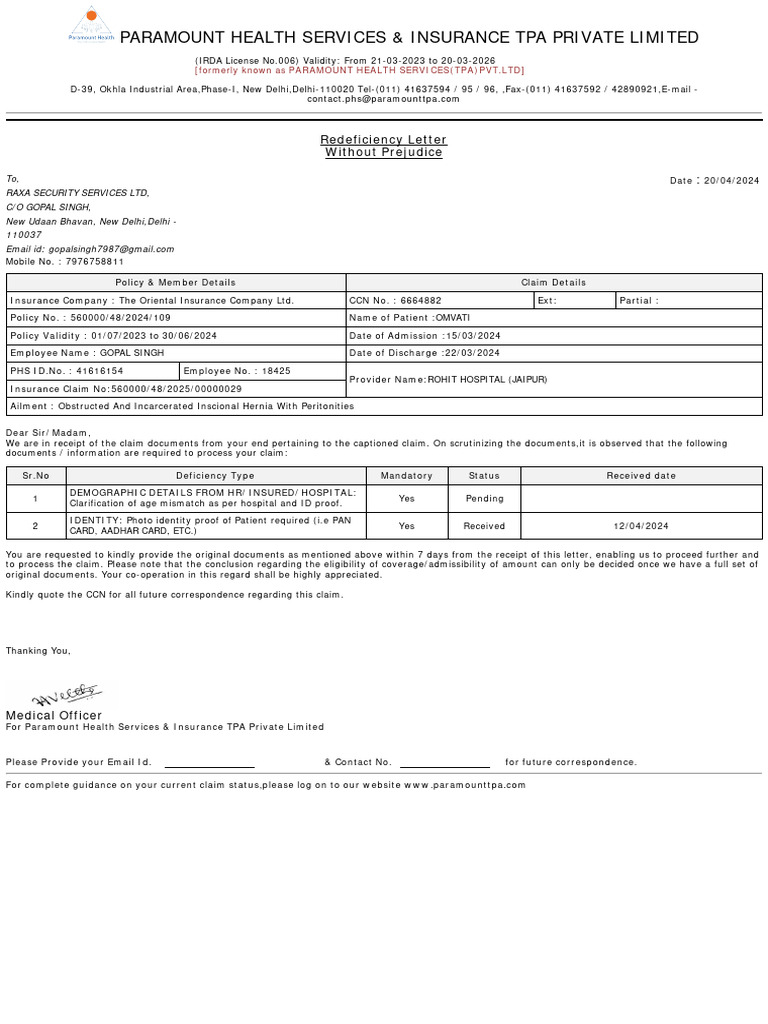 Paramount Health Services & Insurance Tpa Private Limited: Redeficiency ...