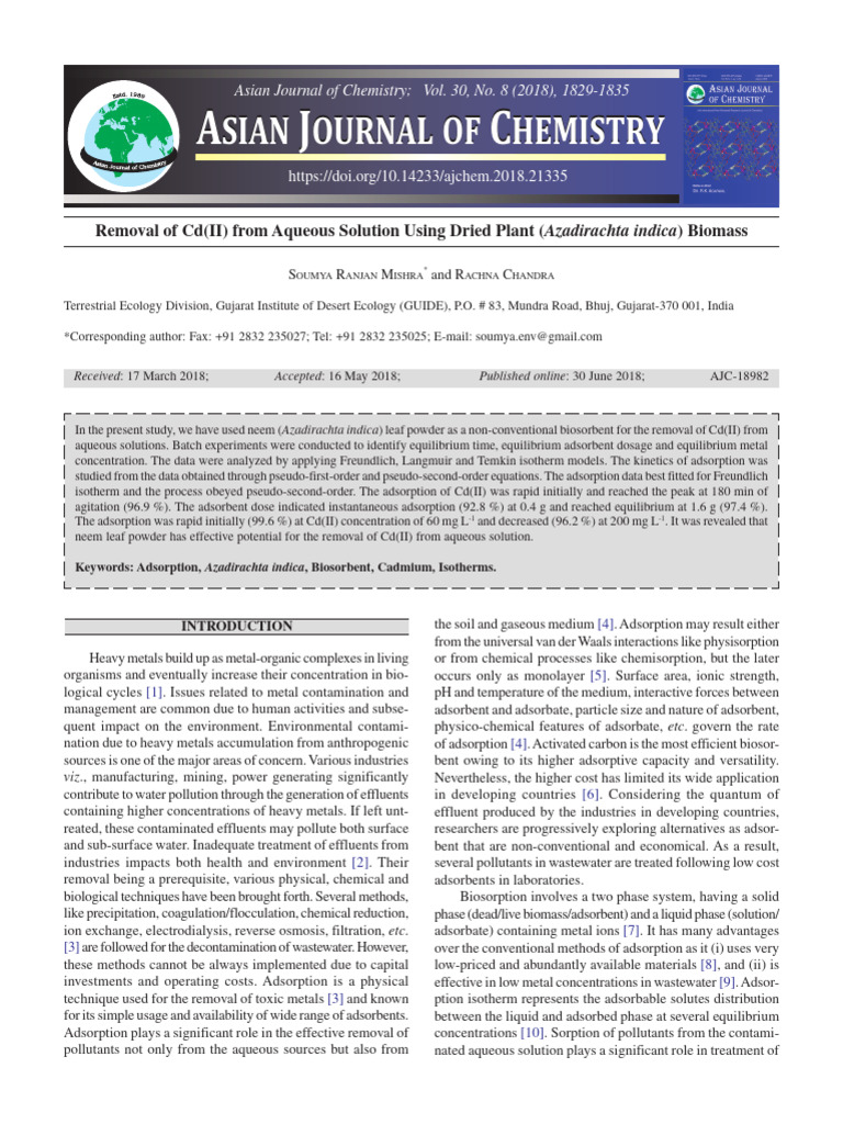 Removal of CD (II) From Aqueous Solution Using Dried Plant Biomass ...