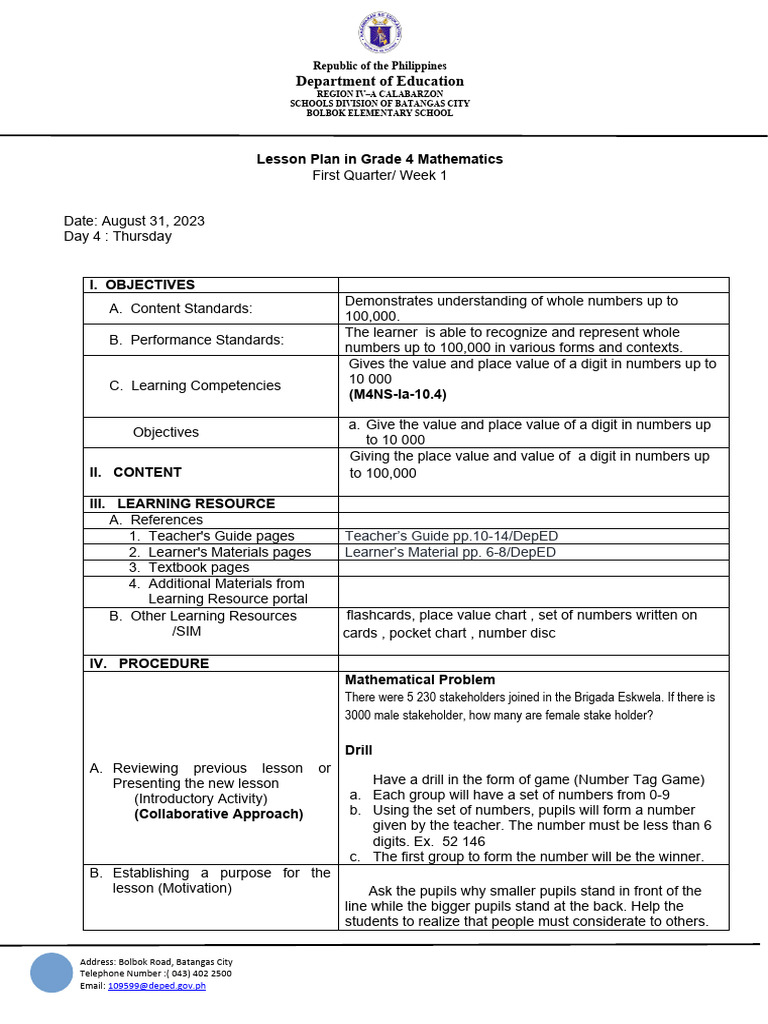 Grade 4 Maths Lesson Plan: Place Value | PDF | Learning | Lesson Plan
