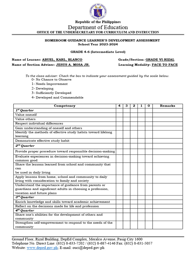 Homeroom Guidance Learners Development Assessment 2024 | Download Free ...