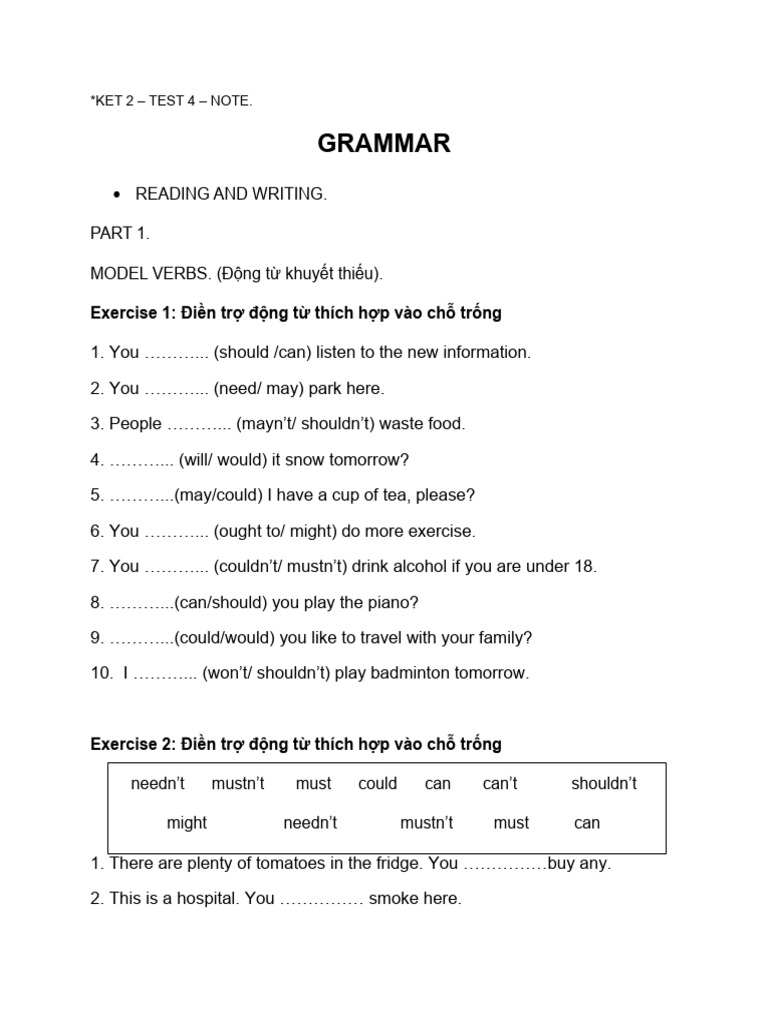 Gram - Exercises - Ket 2 - Test 4 | PDF | Language Arts & Discipline ...