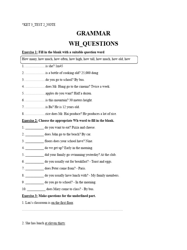 KET 3 Test 2: Wh-Questions Practice | PDF
